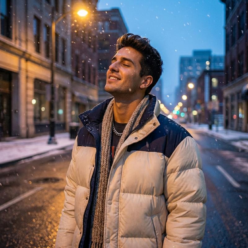 catching the first snowflakes of winter on an empty city street, head tilted up with eyes closed and a peaceful smile, soft white flakes falling all around, warm coat and scarf, golden streetlight glow mixing with blue twilight, quiet magical moment