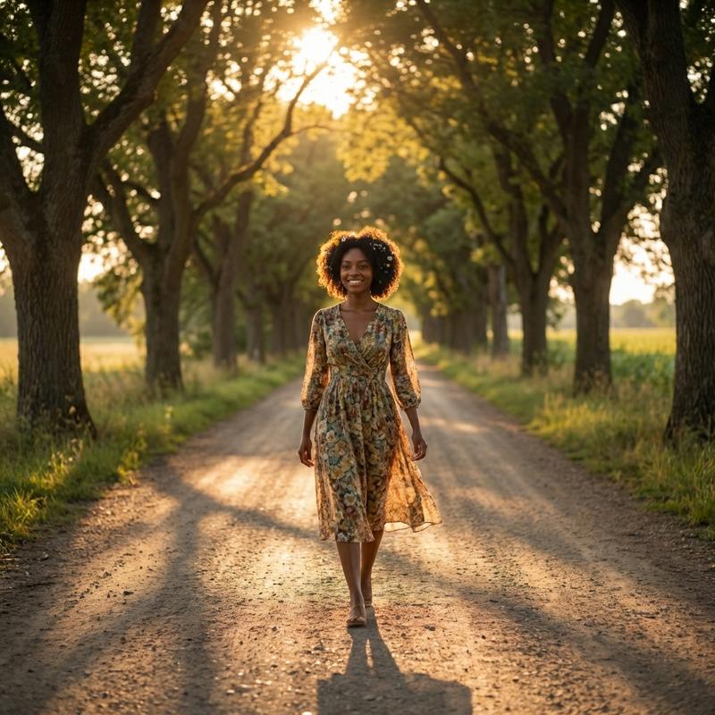 walking down an empty tree-lined road during golden hour, long shadows stretching ahead, warm honey-colored light filtering through leaves, relaxed mid-stride, hair catching the light, peaceful and cinematic wide shot