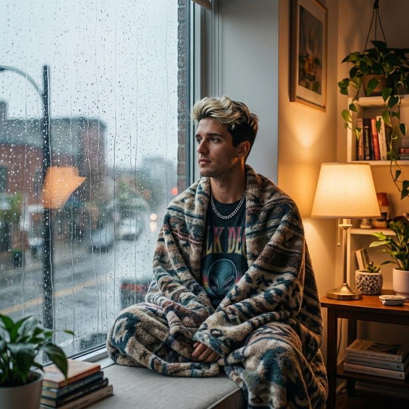 sitting by a rain-streaked window in a cozy room, raindrops tracing paths down the glass, soft gray light outside, warm lamp glow inside, wrapped in a blanket, watching the rain with a calm expression, intimate and reflective