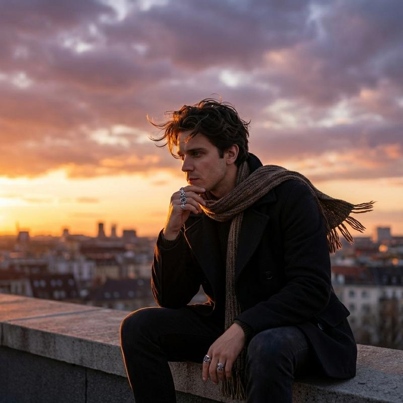 sitting on a rooftop ledge watching a dramatic sunset, city skyline silhouetted below, sky painted in oranges purples and pinks, wind moving hair gently, golden rim light, peaceful contemplation above the city