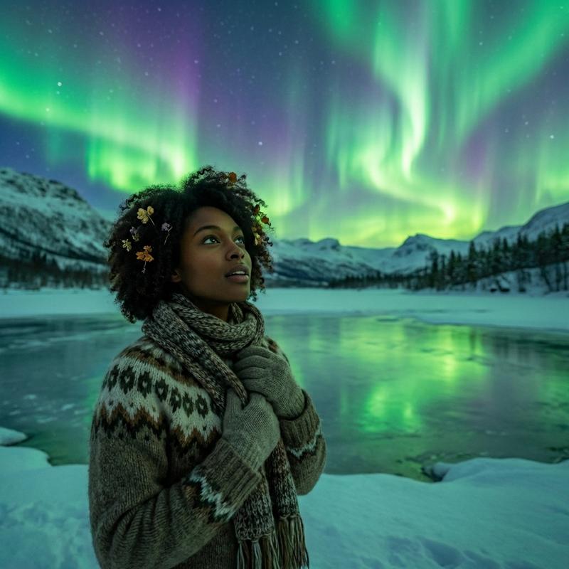 standing in a snowy Icelandic landscape under vivid green and purple northern lights filling the entire sky, aurora borealis reflecting on a frozen lake, bundled in warm layers, face lit by the ethereal glow, awe and wonder, otherworldly and magical