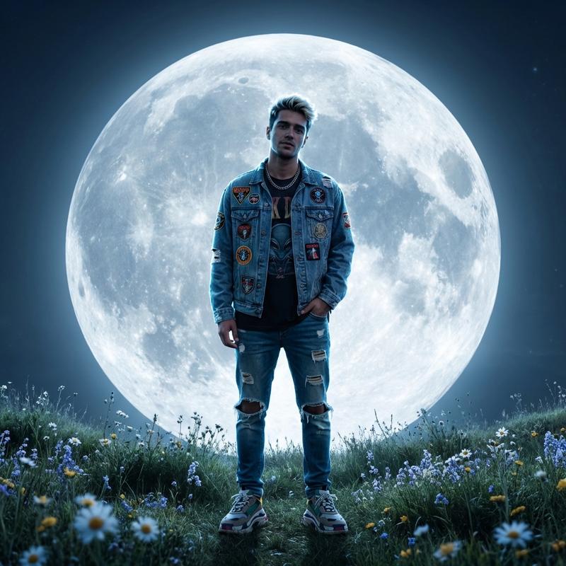 standing on a hilltop with an impossibly large full moon filling the sky behind, silver-blue moonlight casting everything in cool ethereal glow, silhouette partially visible, wildflowers in the foreground, dreamlike and otherworldly
