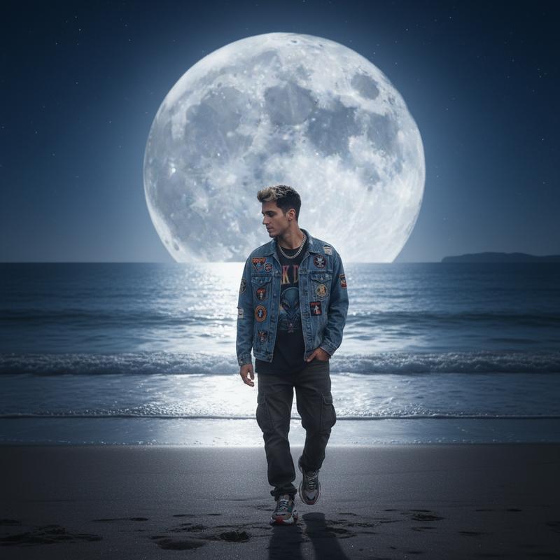 walking along a beach toward an enormous moon sitting just above the ocean horizon, moonlight creating a brilliant path on the water, surreal scale, quiet and magical