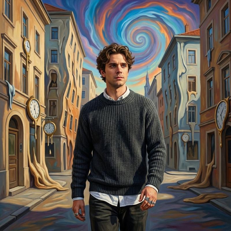 walking through a surreal cityscape where buildings are melting like Salvador Dali paintings, clocks dripping off walls, sky swirling with impossible colors, dreamlike distortion, calm expression despite the surreal surroundings, artistic and fantastical