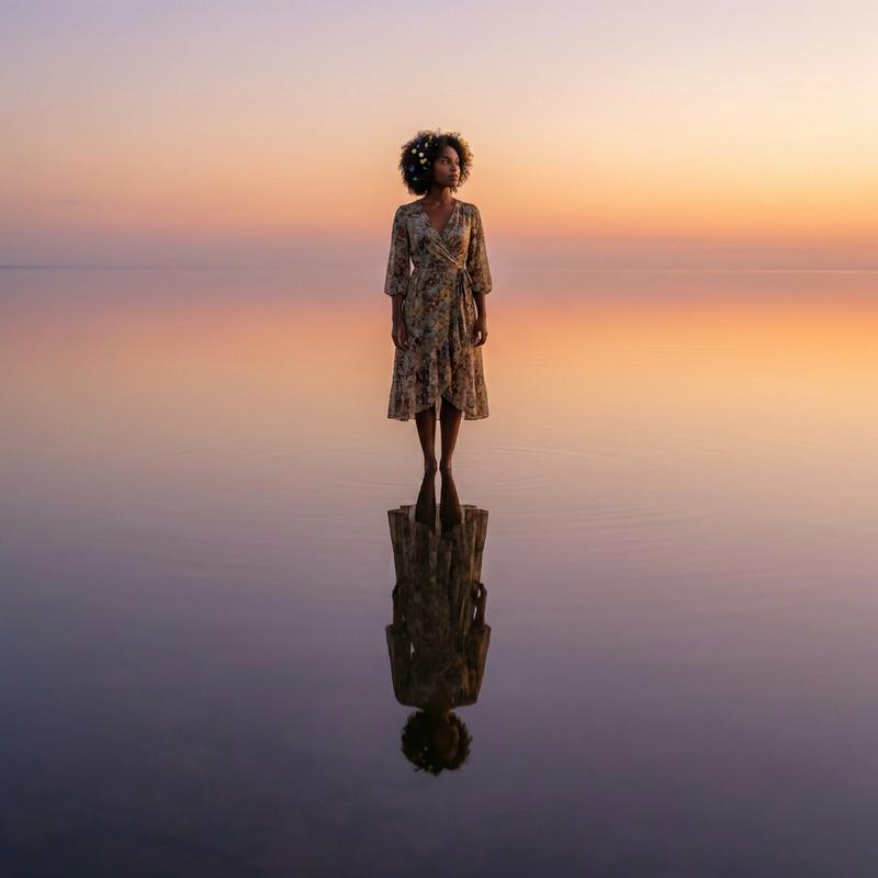 standing at the edge of a perfectly still lake that reflects the sky so clearly the horizon disappears, creating an infinite mirror world, standing at the boundary between real and reflection, ethereal calm light, meditative and surreal