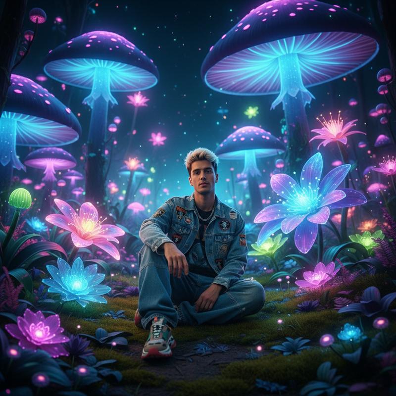 sitting among giant glowing mushrooms and luminescent flowers in a neon garden at night, face lit by the ethereal plant-light, fantastical and enchanting atmosphere