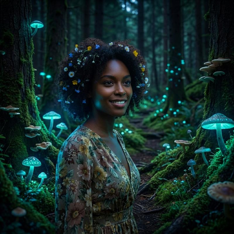 walking through a dark forest where trees and mushrooms glow with soft blue and green bioluminescence, face lit by the ethereal light, moss-covered path leading deeper, magical realism, cinematic color grading