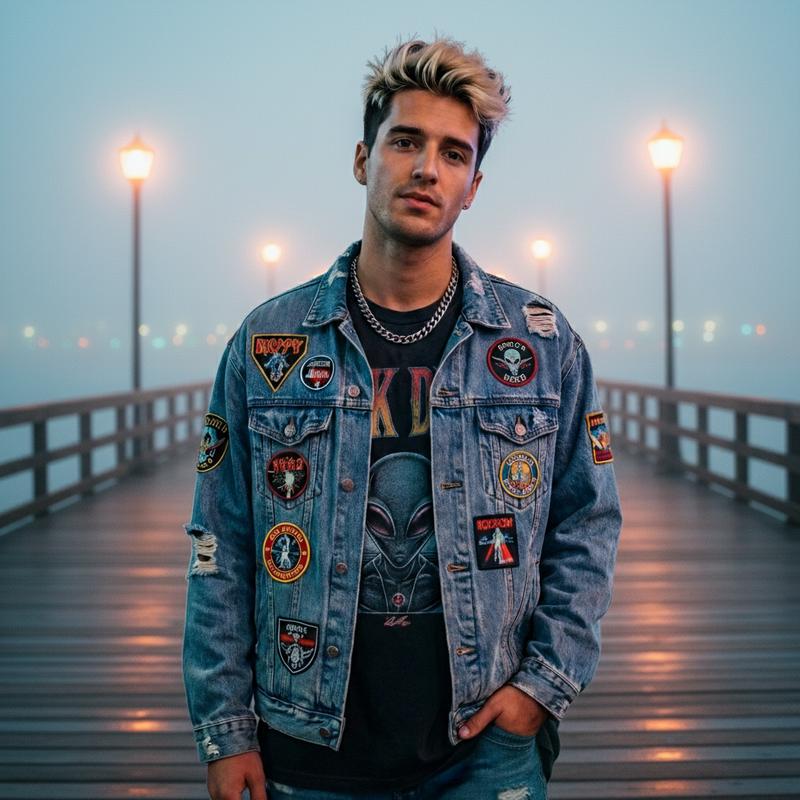 walking along a foggy pier at dawn, wooden planks stretching into the mist, dim lanterns creating halos of warm light in the fog, contemplative and cinematic