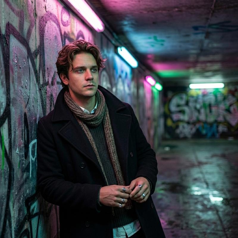 leaning against a concrete wall in a neon-lit underpass at night, colored graffiti and fluorescent tubes creating streaks of pink blue and green light, urban grit mixed with beauty, cinematic wide shot, atmospheric and edgy