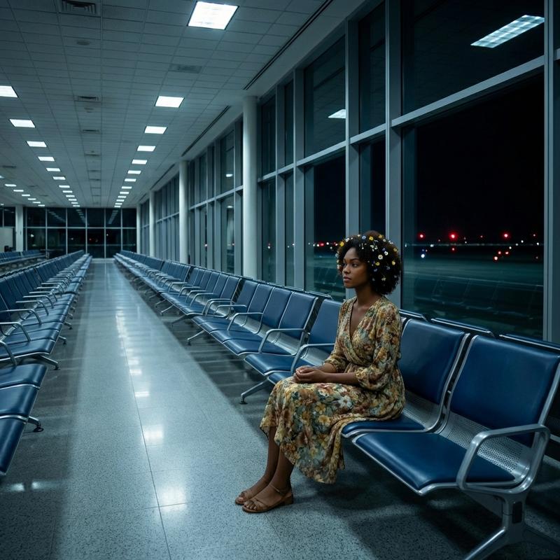 sitting alone in a vast empty airport terminal at night, rows of empty seats stretching into the distance, huge windows showing a dark runway with distant lights, liminal space atmosphere, fluorescent overhead lighting, contemplative solitude, cinematic and slightly surreal